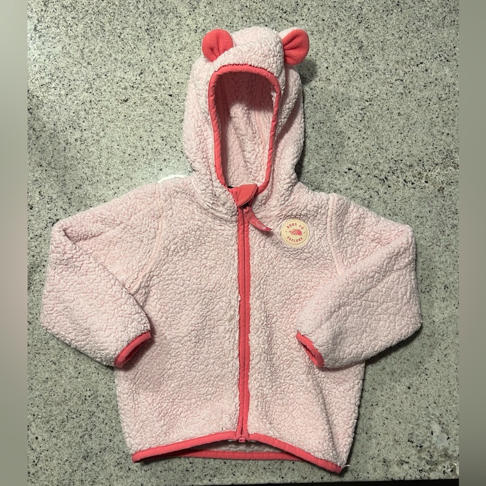 The North Face Pink Sherpa Hooded Jacket with Coral Trim - Kids